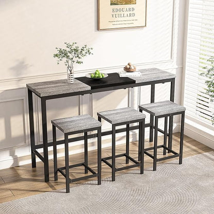 Merax 4 Piece Block-Color Pub Dining Table Set,Modern Bar Table Set with 60.24 Long Dining Table w/Hanging Stool Design and 3 Stools,for Breakfast Nook Living Room Small Space Restaurant,Grey+Black