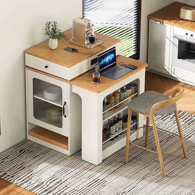 59.5" Kitchen Island with Extendable Dining Table,Double-Sized Storage,2 Drawers, Power Outlet, Side Open Shelves,for Kitchen Dining Room (White#2)