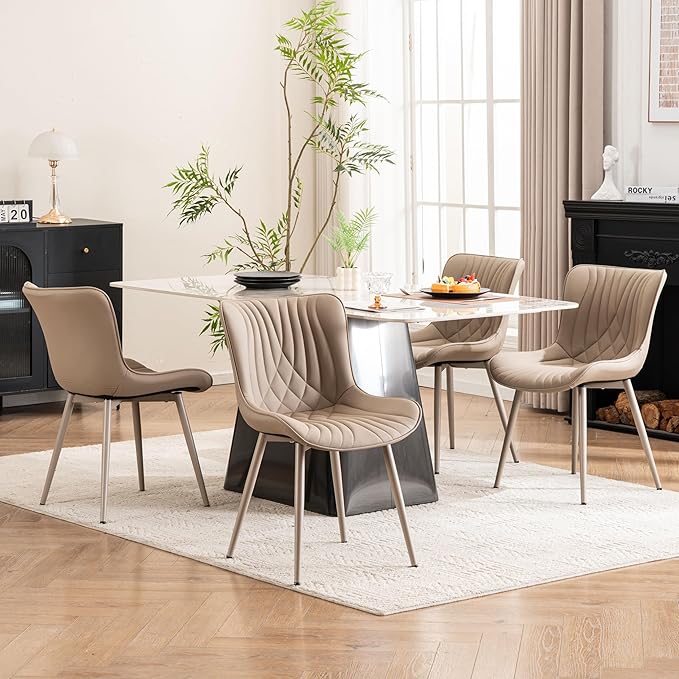 Kidol & Shellder Dining Chairs Set of 2, Mid Century Modern Kitchen Chairs with Metel Legs Armless, PU Leather Upholstered Side Chair for Dining Room, Living Room, Lounge, Restaurant, Khaki