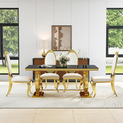 7-Piece Modern Luxury Dining Table Set, 70" Black Tempered Glass Kitchen Table with Gold Polished Stainless Steel U-Shaped Pedestal Base and 6 White Oval High-Back PU Leather Chairs for Dining Room