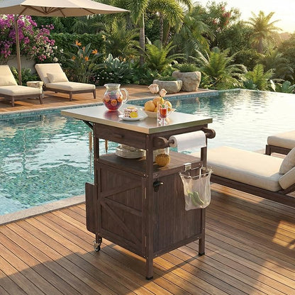 Casaphoria 40.5" Outdoor BBQ Grill Cart, tainless Steel Top Rolling Outdoor Kitchen Cart, Flip Board, Fir Wood Bar Carts with Towel Holder, Lockable Wheels for Patio Lawn Garden,Brown