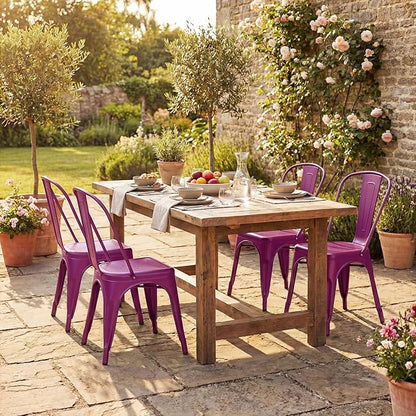 Shahoo Metal Dining Chairs Classic Iron Stackable Industrial Vintage Trattoria with Back, Indoor-Outdoor Side Settee for Home Bistro Cafe Kitchen Restaurant Set of 4, Purple