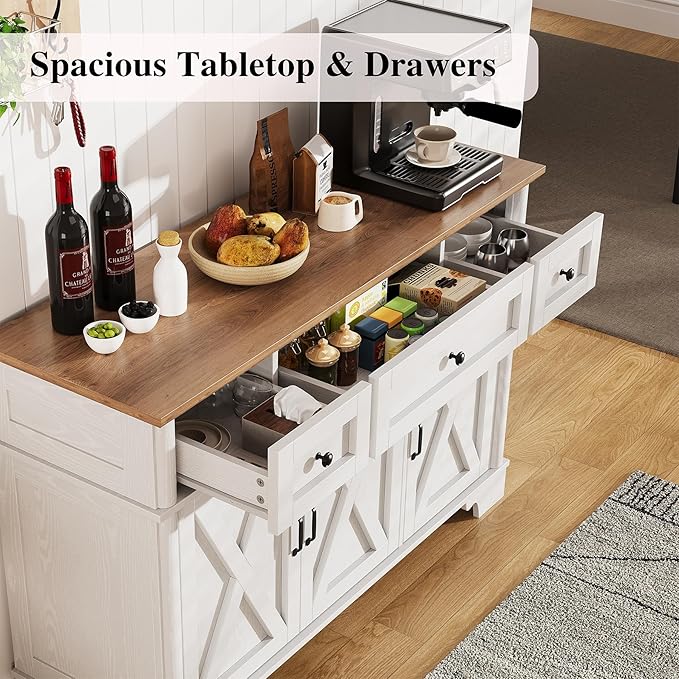 BestHaped Farmhouse Buffet Cabinet with Storage, White Sideboard Buffet Cabinet with Adjustable Shelves & 3 Drawers, Buffet Table Coffee Bar Wine Bar Storage for Kitchen & Living Room, 47inch