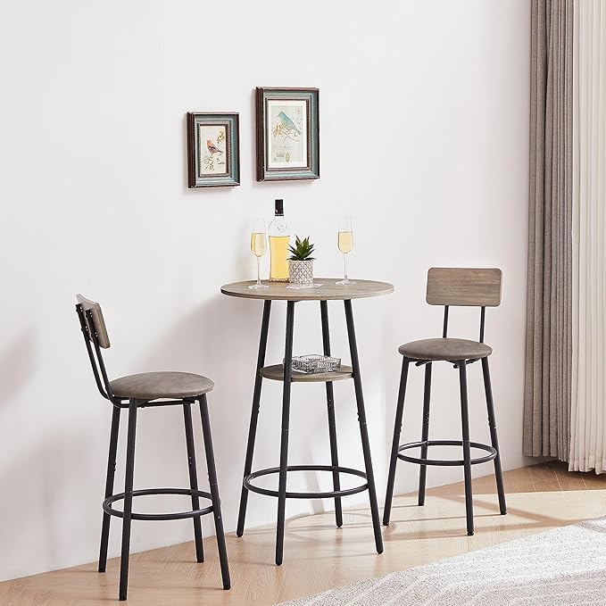 Bar Table Set for 2 with 2 PU Upholstered Stools, Pub Bistro Dinning Table and Stools with Backrest, Counter Height Bar Table Set for Apartment, Kitchen, Small Space