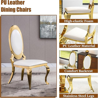 7-Piece Modern Luxury Dining Table Set, 70" Black Tempered Glass Kitchen Table with Gold Polished Stainless Steel U-Shaped Pedestal Base and 6 White Oval High-Back PU Leather Chairs for Dining Room
