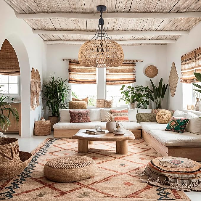 20" Rattan Farmhouse Chandeliers for Dining Room, 5-Light Boho Rattan Chandelier Light Fixtures with Woven Wicker Lampshade, Rustic Pendant Lighting for Kitchen Island, Living Room