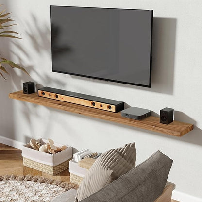 72 Inch Floating Shelves for Wall 1 Pack Shelves for Bedroom, Bathroom, Kitchen, Wall Mounted Rustic Solid Elm Wood Floating Shelf with Invisible Bracket for Books, Decor, Storage, Natural