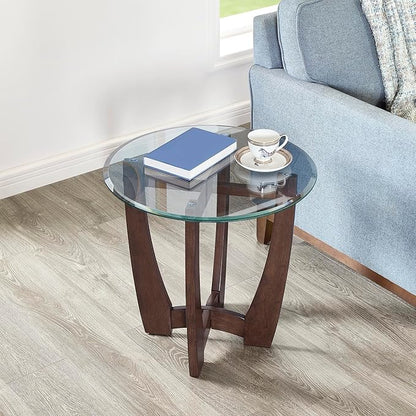23.5" Round Side Tables, Small Space End Table with Tempered Glass Tabletop, Glass Coffee Table with Cross and Solid Wood Base, Small Night Stand for Living Room Cherry