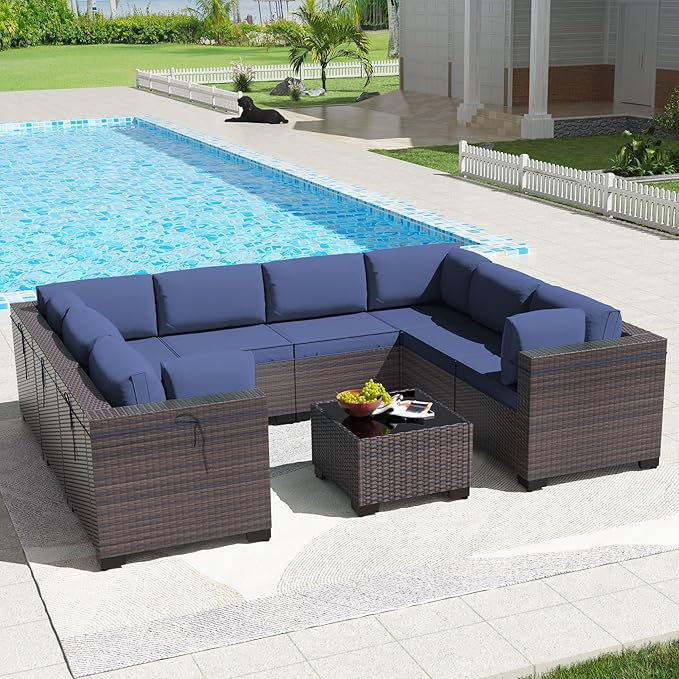 Kullavik 9 Pieces Outdoor Patio Furniture Set PE Wicker Rattan Sectional Sofa Patio Conversation Sets,Navy Blue