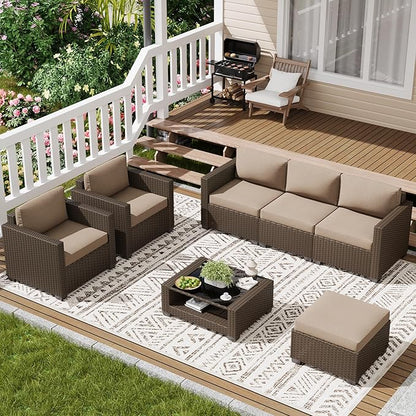 LOUVIXA 7 Piece Outdoor Patio Furniture Set, Rattan Chairs Glass Table Wicker Conversation Seating Sectional Sofa with Cushions (Brown-Camel, 7Pcs-2 Layer Coffee Table)