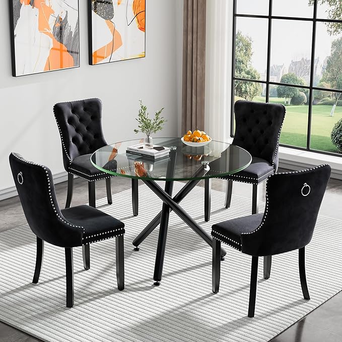 Glass Dining Table,36'' Round Dining Kitchen Table,Modern X-Design Dining Room Table with Black Metal Base for Dining Room
