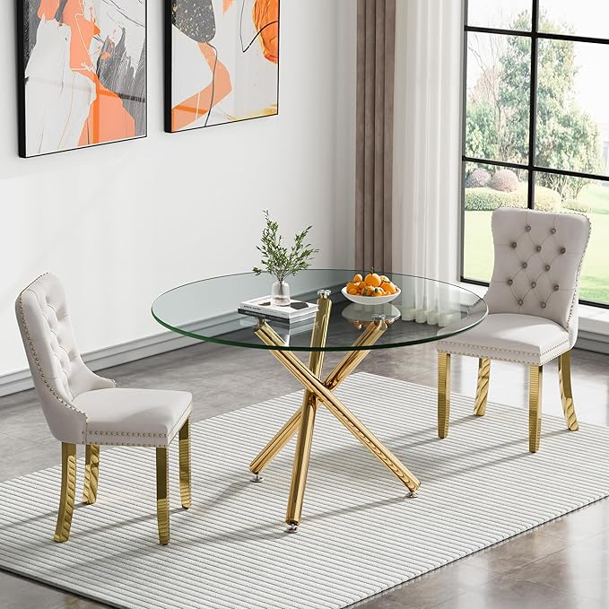 SSLine 43.3" Round Glass Dining Table for 4 Modern Circle Glass Tabletop Kitchen Table for 4 Luxury Dinner Tables with Gold Metal Legs for Home Kitchen Dining Room(Table Only)