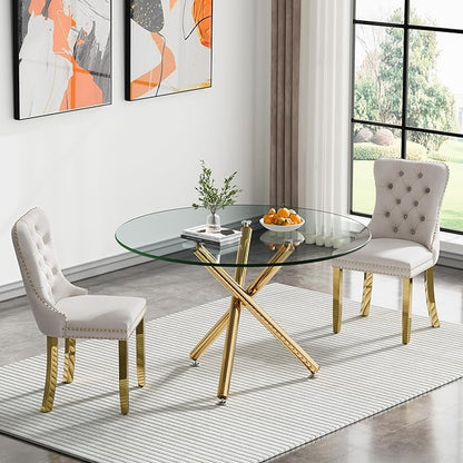 SSLine 43.3" Round Glass Dining Table for 4 Modern Circle Glass Tabletop Kitchen Table for 4 Luxury Dinner Tables with Gold Metal Legs for Home Kitchen Dining Room(Table Only)