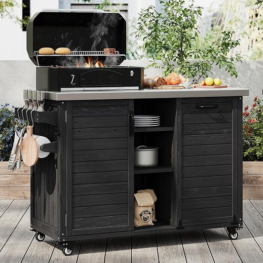78.3" Outdoor Kitchen Island with Foldable Grill Table & Storage, Wooden Cart with Stainless Steel Top, Trash Can Holder, Bar Cart for Patio Lawn Garden (78.3‘’+Black)