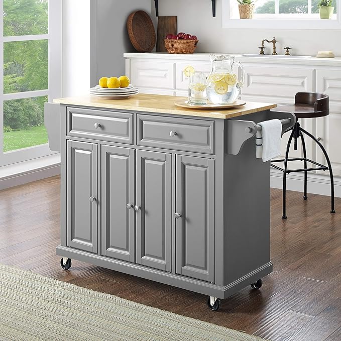 Crosley Furniture Full Size Wood Top Rolling Kitchen Island Storage Cart, Microwave Stand, Spice Rack, Gray