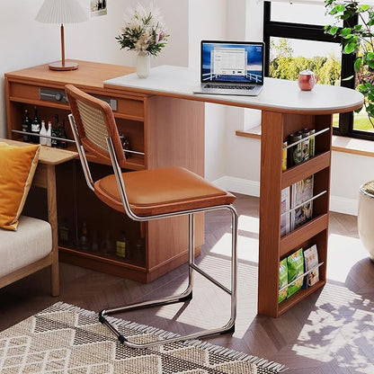 Alunaune 24inch Brown Rattan Barstools Set of 2, Upholstered Modern Counter Bar Height Stools with Metal Chrome Legs for Living Room