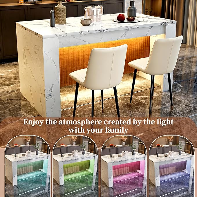 Faux Imitation Dining Table with 4 Velvet Dining Chairs Set, Marble Stripes Kitchen Island Table with Grille Design for 4-6, Luxury Island with LED Lights for Home Kitchen. (White)