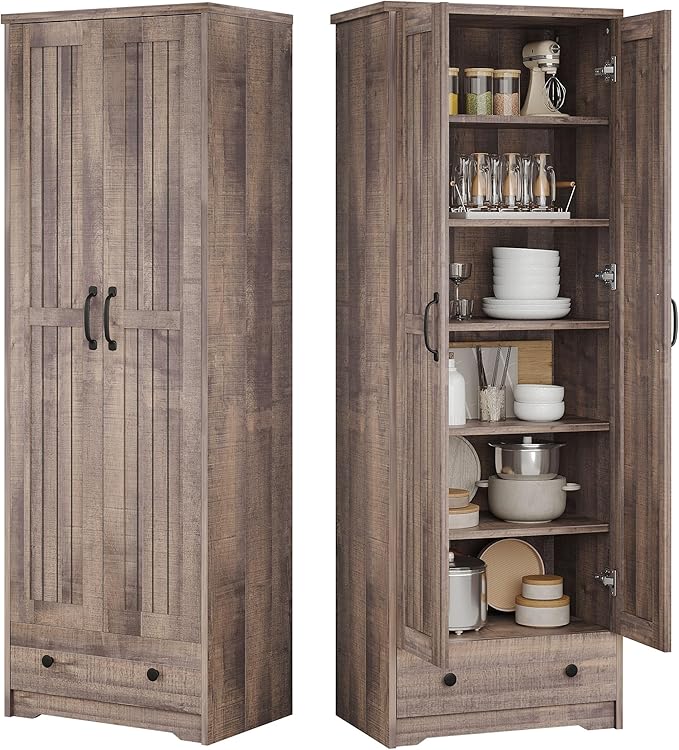 Decofy 70" Tall Storage Cabinets, Large Wood Storage Pantry Cabinet with 6 Adjustable Shelves, 2 Striped Doors & Drawer, Standing Utility Cabinet for Kitchen, Bathroom, Dining Room, Antique (Brown)