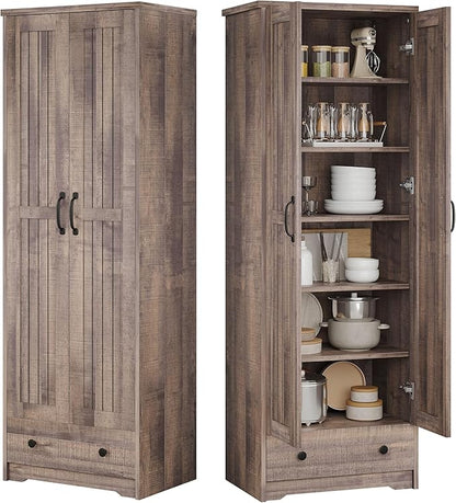 Decofy 70" Tall Storage Cabinets, Large Wood Storage Pantry Cabinet with 6 Adjustable Shelves, 2 Striped Doors & Drawer, Standing Utility Cabinet for Kitchen, Bathroom, Dining Room, Antique (Brown)