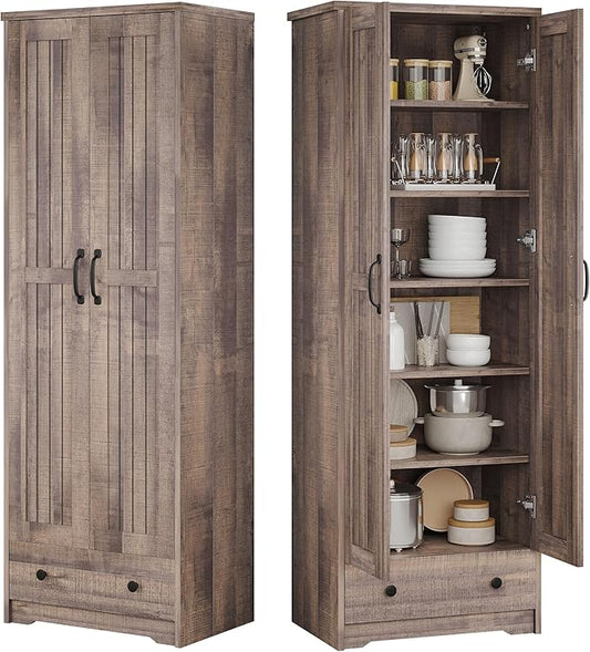 Decofy 70" Tall Storage Cabinets, Large Wood Storage Pantry Cabinet with 6 Adjustable Shelves, 2 Striped Doors & Drawer, Standing Utility Cabinet for Kitchen, Bathroom, Dining Room, Antique (Brown)