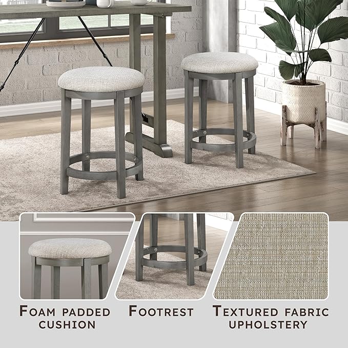 Lexicon Counter Height Stools Set of 2 - Counter Height Stools for Kitchen Table, Padded Cushion, Light Grey Wood Finish and Grey Fabric Cushion Seat