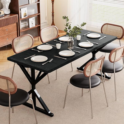 Farmhouse Dining Table for 6 People, 70.8 Inch Rectangular Wood Dining Table, Rustic Kitchen Table with Extra Heavy Duty Metal Legs for Dining Room-Black