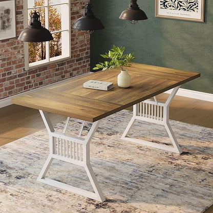 70.8 Inch Dining Table for 4-6 People, Farmhouse Wood Table with Metal Leg, Rectangle Kitchen Tables for Dining Room, Living Room, Conference Room, Breakroom, Walnut Color and White