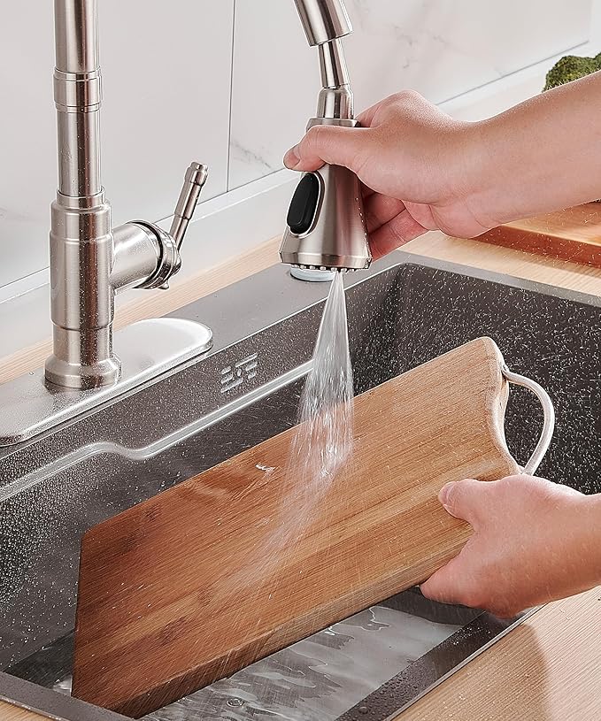 FORIOUS Vintage Kitchen Faucets with Pull Down Sprayer, Brushed Nickel High Arc Single Handle Stainless Steel Transitional Pull Out Sink Faucet for Farmhouse Camper Rv Bar, Fit for 1 or 3 Hole