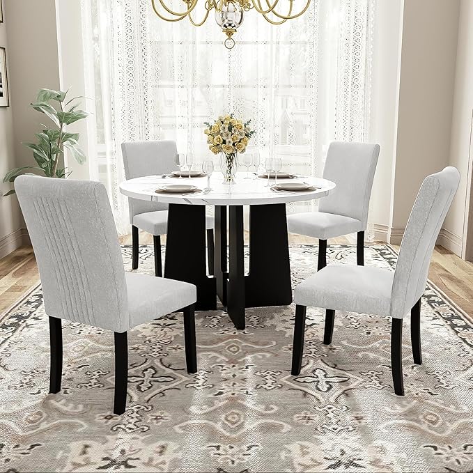 Ball & Cast 5 Piece Round Dining Table Set,43-Inch Modern Dining Table and 4 Upholstered Chairs for Dining Room,Kitchen Room, Living Room,Easy Assembly,Beige+White