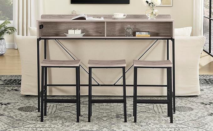 59" Bar Height Table and Chairs Set – Farmhouse Style Bar Table with 3 Saddle Stools, Perfect as Kitchen Table, Small Dining Table with Chairs, or Kitchen Island Seating Solution (Grey)