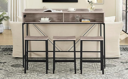 59" Bar Height Table and Chairs Set – Farmhouse Style Bar Table with 3 Saddle Stools, Perfect as Kitchen Table, Small Dining Table with Chairs, or Kitchen Island Seating Solution (Grey)