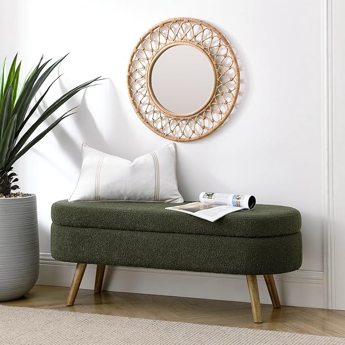 Modern Ottoman Bench with Storage - Versatile Bedside Pouf, Footstool, Toy Storage Ottoman for Bedroom, Living Room, Hallway Entryway, Multi-Use Furniture,Green-Foam