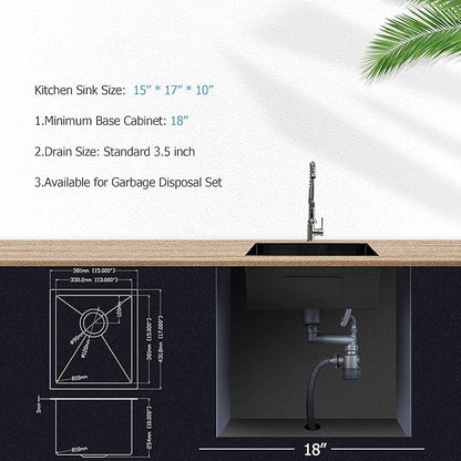 Lordear Black Bar Sink Undermount 15x17 inch Kitchen Sinks 16 Gauge Deep Single Bowl Stainless Steel Sink Basin Handmade
