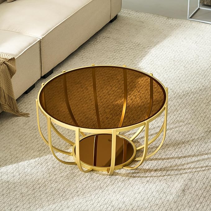 Saint Mossi 30" Glass Round Coffee Table for Living Room, Mid Century Modern 2-Tier Gold Drum Center Table, Brown Glass Top, Brown Mirror Shelf and Gold Frame, W30xH16.5