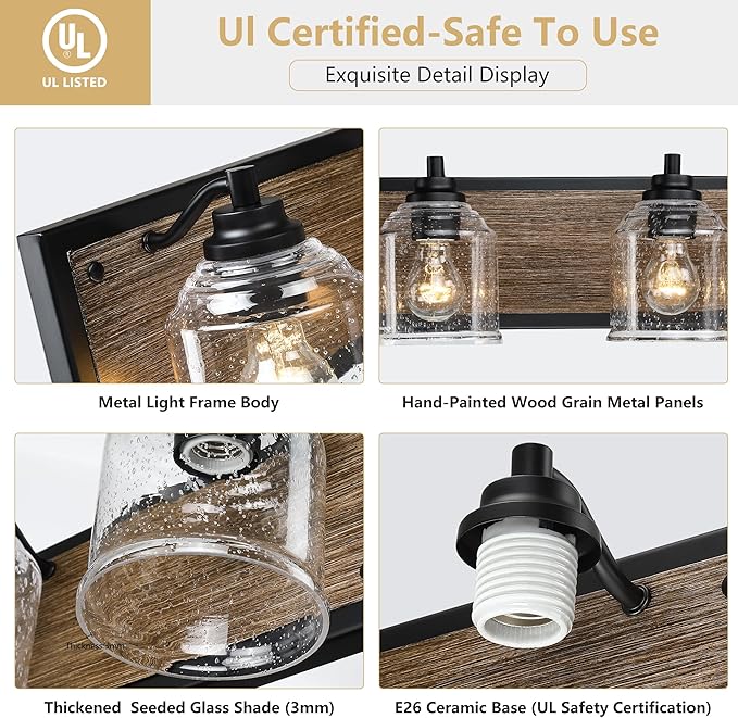 Vanity Lights for Bathroom Large 23", Farmhouse Rustic Vanity Light with Bubble Glass Shades, Brown 3 Light Bathroom Lighting Fixtures Over Mirror, Bath Wall Sconce Home Decor