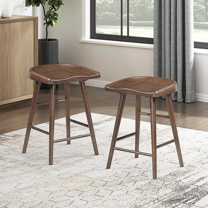 Lexicon Counter Height Stools Set of 2, Sturdy Acacia Wood Frame Saddle Seat Bar Chairs, Rustic Backless Kitchen Island Seating for Dining Room, Home Bar, Breakfast Nook, Brown