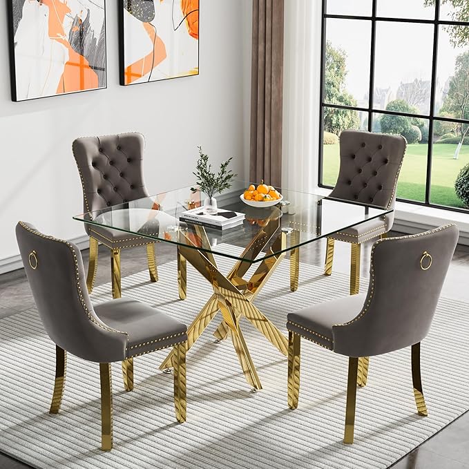 Square Glass Dining Table,Glass Dining Room Table with Metal Legs, Modern Kitchen Table for Home, Kitchen, Dining Room