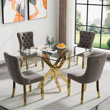 Square Glass Dining Table,Glass Dining Room Table with Metal Legs, Modern Kitchen Table for Home, Kitchen, Dining Room