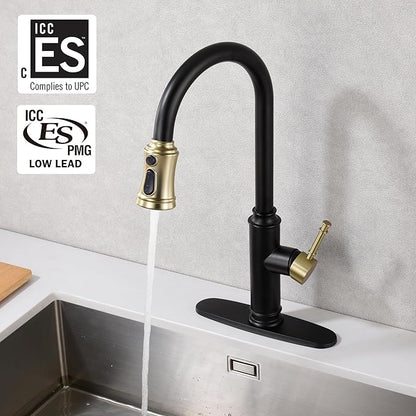 SUMERAIN Kitchen Faucet with Pull Down Sprayer and 10" Deck Plate, Black&Gold Commercial Stainless Steel Single Handle