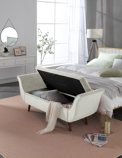 Modern Ottoman Bench with Storage, Upholstered Footstool for Bedroom Living Room Hallway, Bedside Pouf Toy Storage Ottoman Footrest, Versatile Storage Chest Bench Seat,Beige-Velvet