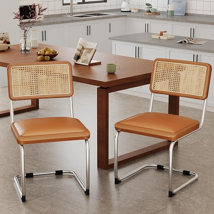 Alunaune Mid Century Modern Dining Chairs Set of 4, Upholstered Natural Rattan Kitchen Accent Chair, Armless Side Chairs with Metal Chrome Legs for Bedroom Living Room-Brown with PU Seat