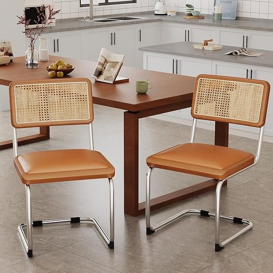Alunaune Mid Century Modern Dining Chairs Set of 4, Upholstered Natural Rattan Kitchen Accent Chair, Armless Side Chairs with Metal Chrome Legs for Bedroom Living Room-Brown with PU Seat