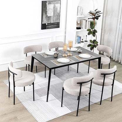 DYHOME Light Grey Boucle Dining Chairs Set of 6, Mid Century Modern Upholstered Kitchen Chairs with Metal Legs, Round Modern Dining Room Chairs