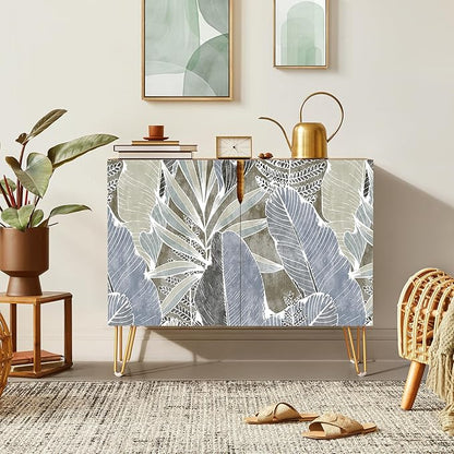 SIGNWIN Sideboard Buffet Cabinet, Kitchen Storage Cabinet with 2 Doors, Tropical Jungle Island Plant Patterns, Cupboard Console Table for Dining Room - 35" L x 18" W x 29" H