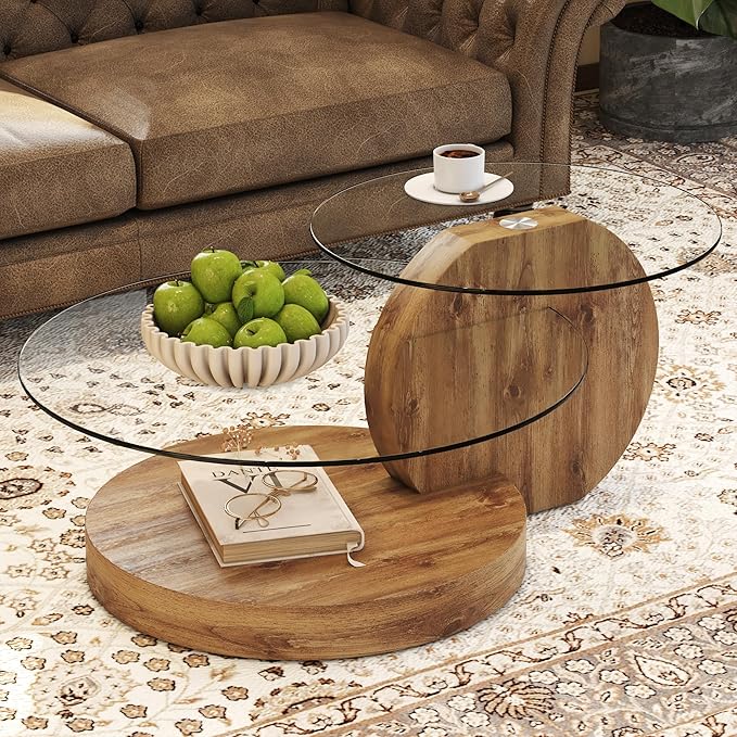 Glass Coffee Table, Modern Round Glass Coffee Table with Wooden Base, 3 Tier Round Coffee Table, Clear Cocktail Table with Storage for Living Room, Office, Balcony (42″ Wood)