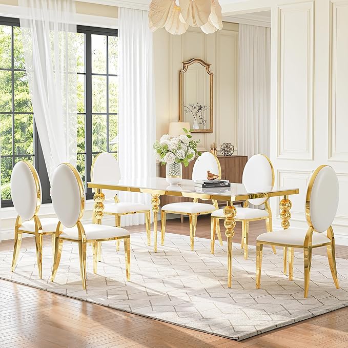 7 Piece Dining Table Set, 70 Inch Rectangular Glass Kitchen Table with 6 Round Back Leather Chairs, for Dining Room, Living Room, Restaurant (Gold-White)