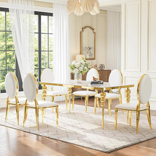 7 Piece Dining Table Set, 70 Inch Rectangular Glass Kitchen Table with 6 Round Back Leather Chairs, for Dining Room, Living Room, Restaurant (Gold-White)