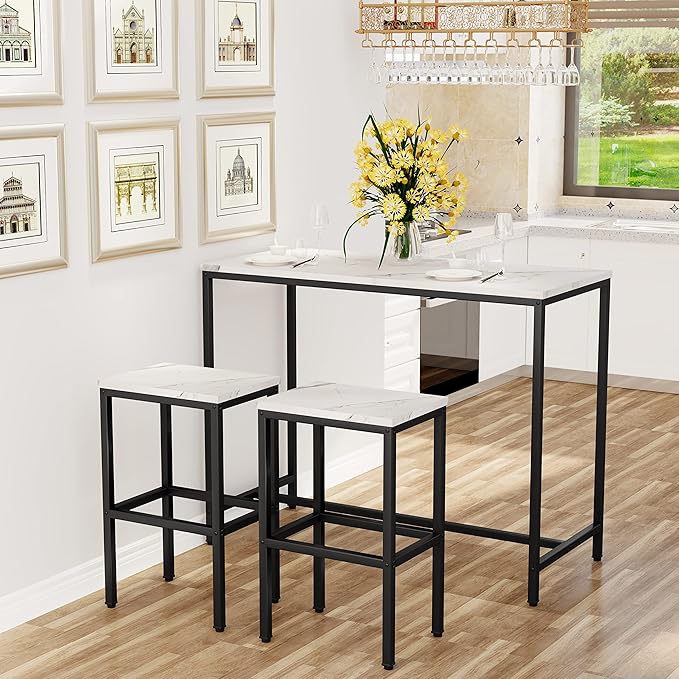 Aklaus Bar Table Set,44" White Faux Marble Top Bar Table and Chairs Set,Counter Height Bartable with 2 Bar Stools,3 Piece Kitchen Breakfast Table for Living Room Dining Room Apartment