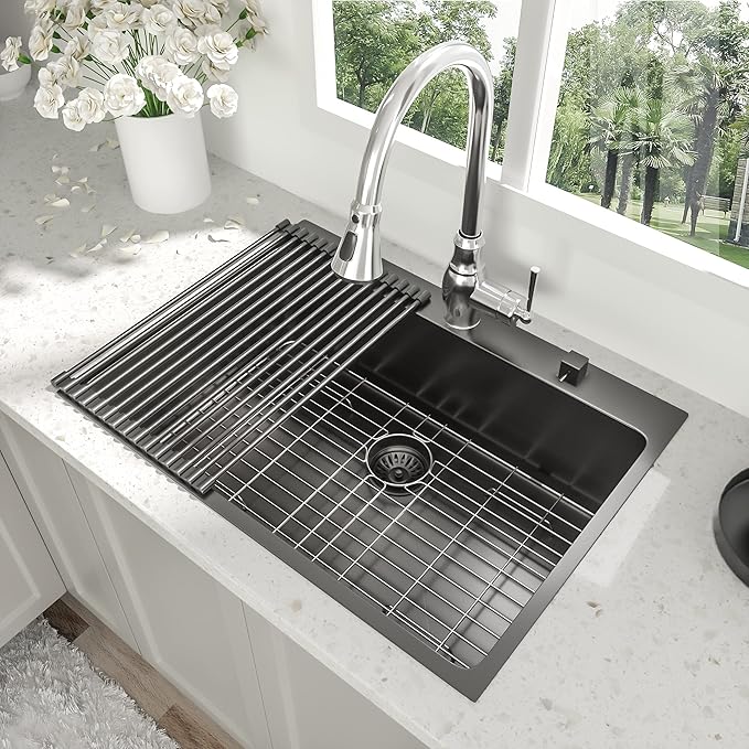 30 Inch Drop-in Sink - Beslend 30”x22”x10” Stainless Steel Gunmetal Black Topmount Kitchen Sink 16 Gauge 10 Inch Deep Single Bowl Kitchen Sink Basin