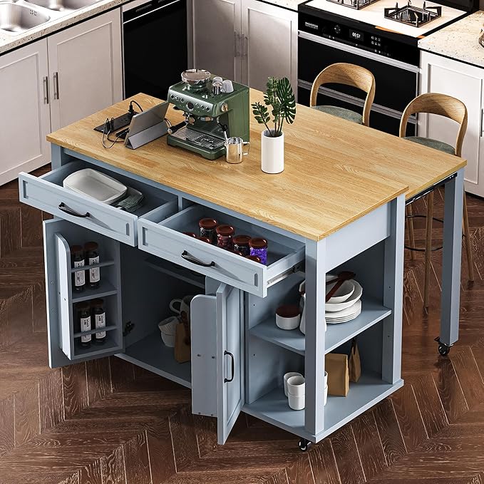 Modern Dining Table Kitchen Island with Extendable Countertop Internal Rack Power Outlet Adjustable Sturdy Stable Easy Clean Luxury,Blue-Wood